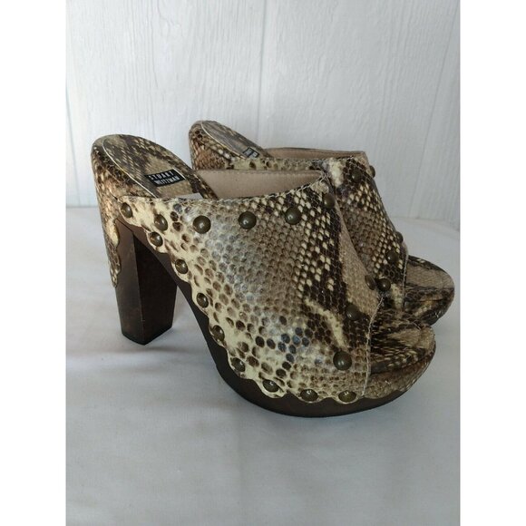 Stuart Weitzman Shoes - Stuart Weitzman Women Snake Print Slide Mule Heel Wood Metal Studs Spain Sz 6.5